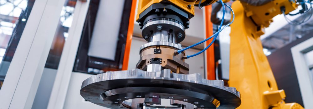 Robotic Arm production lines modern industrial technology. Automated production cell.